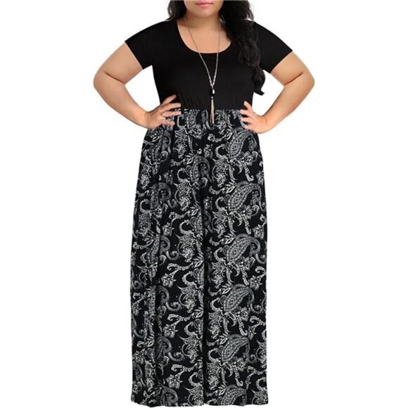 Women's Chevron Print Summer Short Sleeve Plus Size Casual Maxi Dress - Picture 1 of 5